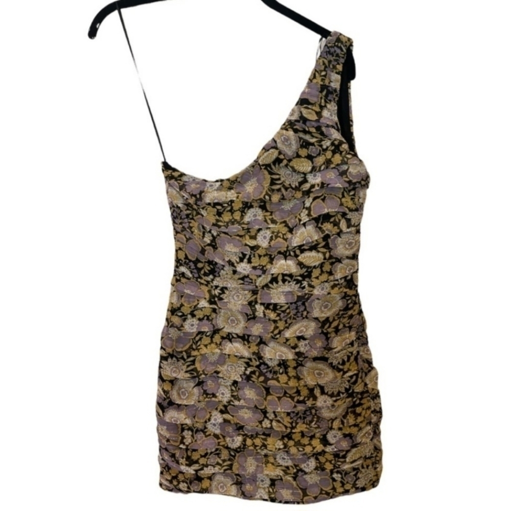 ZARA Ruched Floral One Shoulder Bodycon Mini Dress Womens Small Blogger Favorite - Picture 7 of 10